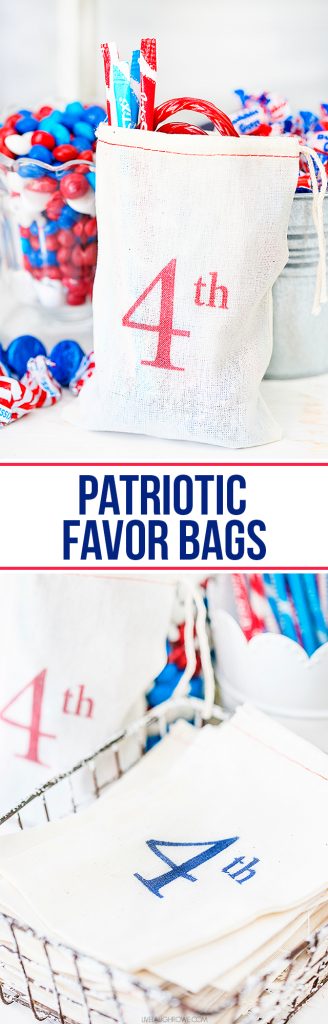 Adorable Patriotic Favor Bags that you can whip up in just a few minutes!  Great for a patriotic candy bar or a red, white and blue treat.  livelaughrowe.com