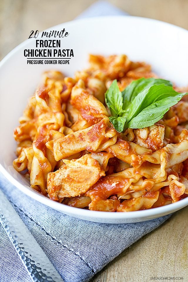 Fantastic and easy pressure cooker recipe! This 20 minute Frozen Chicken Pasta is a must-try. livelaughrowe.com