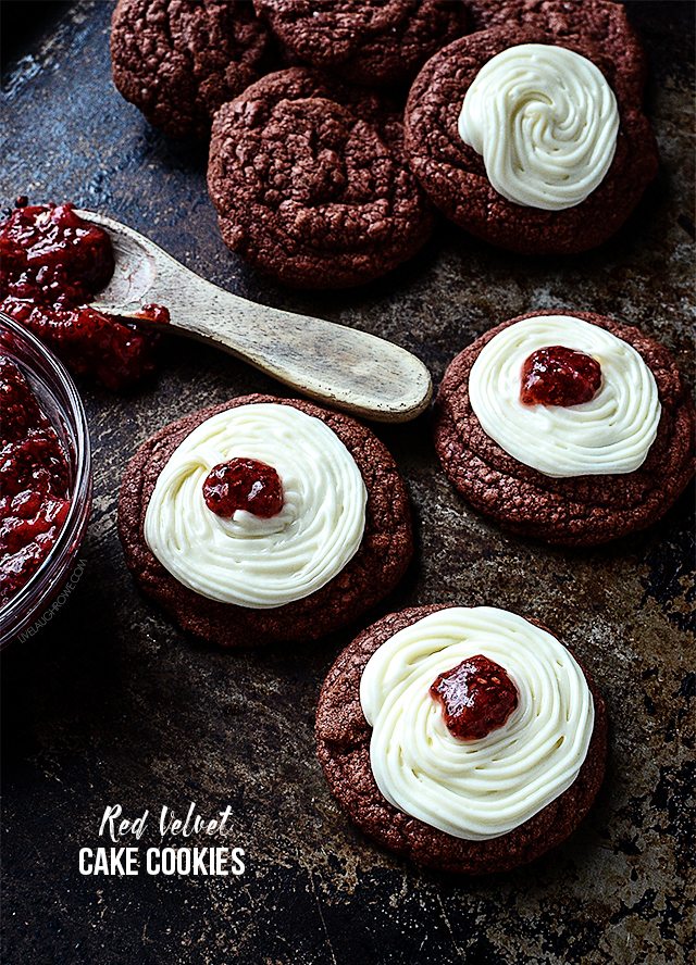 Delicious Red Velvet Cookies with Cream Cheese Frosting and Raspberry Jam. One just won't be enough (wink). livelaughrowe.com