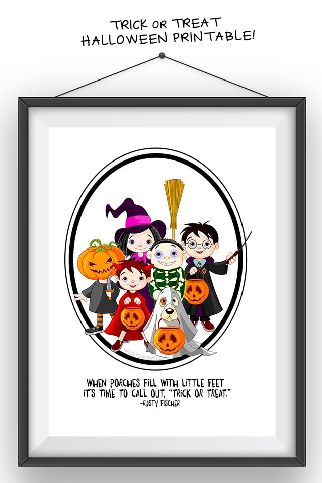 Adorable Trick or Treat Halloween Printable -- look at those darling trick or treaters! livelaughrowe.com