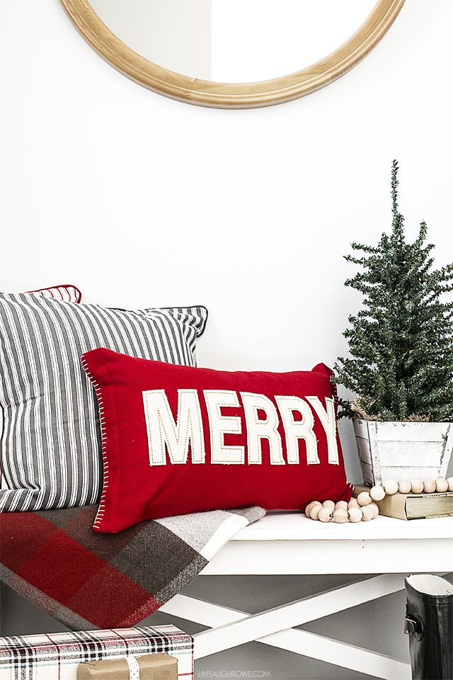  Beautiful and Simple Holiday Farmhouse Entryway -- loving the white and red with hints of gray. livelaughrowe.com