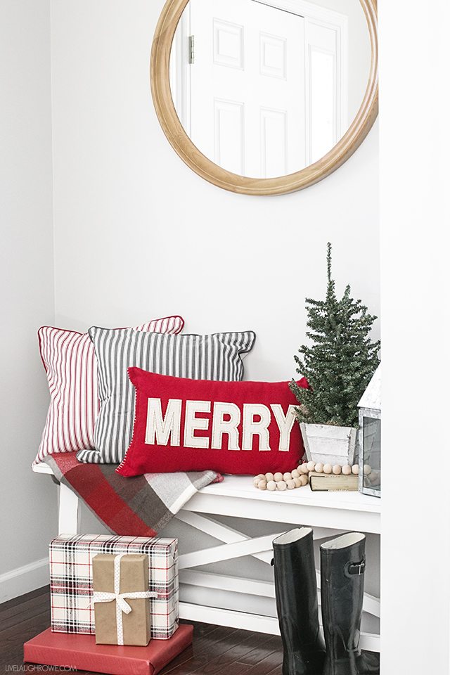 Beautiful and Simple Holiday Farmhouse Entryway -- loving the white and red with hints of gray. livelaughrowe.com