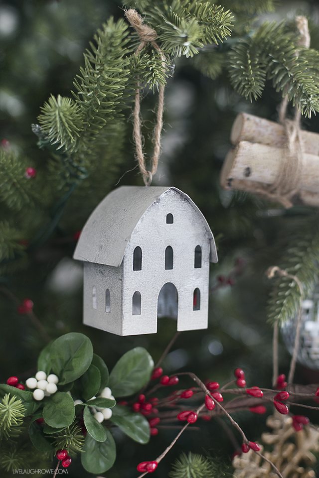 Adorable galvanized ornament on this rustic Christmas tree. livelaughrowe.com