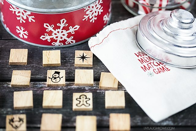 A fun Holiday Memory Matching Game using festive wooden scrabble tiles! Great stocking stuffer idea for the kids. livelaughrowe.com