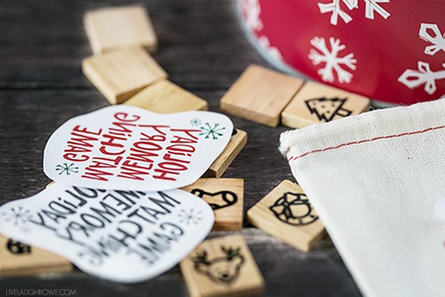 A fun Holiday Memory Matching Game using festive wooden scrabble tiles! Great stocking stuffer idea for the kids. livelaughrowe.com