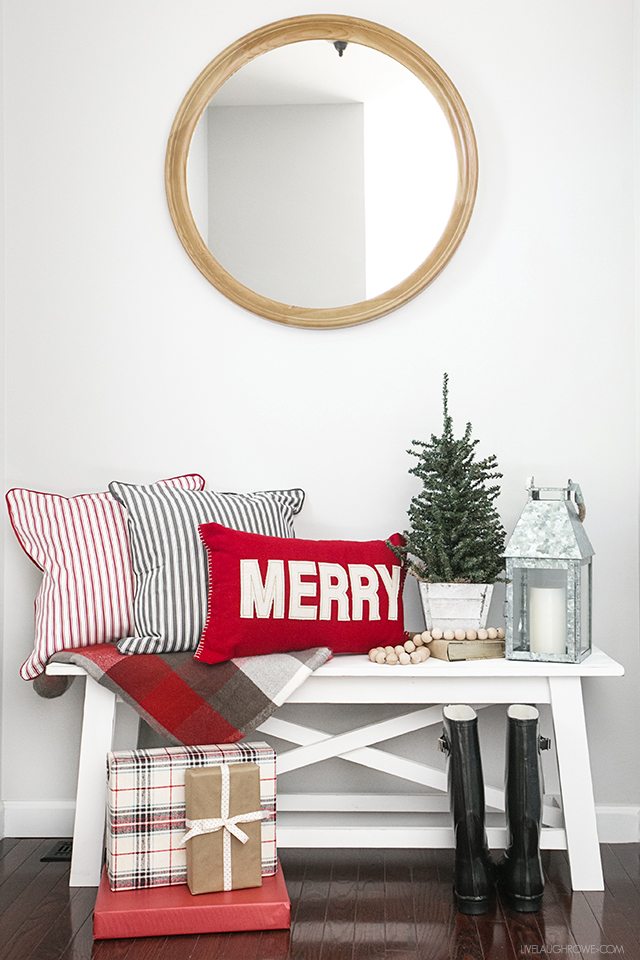 Beautiful and Simple Holiday Farmhouse Entryway -- loving the white and red with hints of gray. livelaughrowe.com