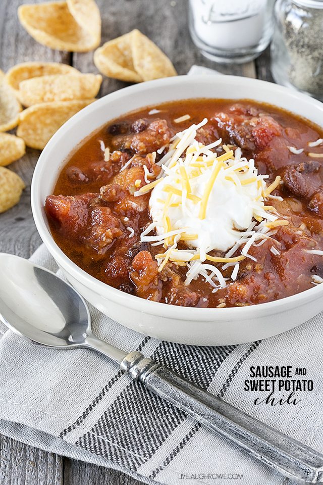 A delicious combination of flavors in this slow cooker Sausage and Sweet Potato Chili. livelaughrowe.com