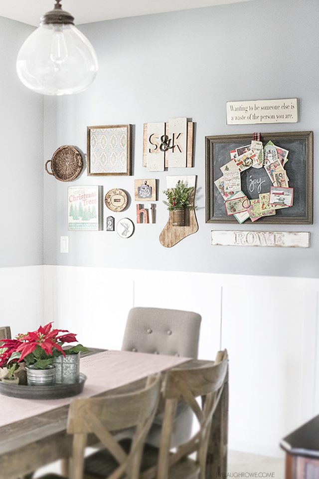 Beautiful vintage inspired Christmas Dining Room decor! That old typewriter, sled and the wreath of vintage Christmas cards are perfect! livelaughrowe.com