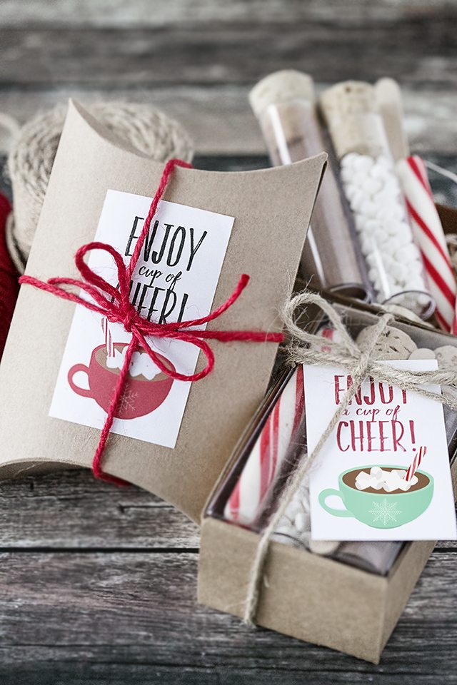 Create a Hot Chocolate gift set and use these 'Enjoy a Cup of Cheer' printable tags/stickers for packaging. LOVE THIS! livelaughrowe.com