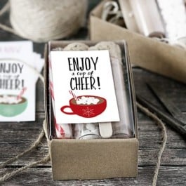Create a Hot Chocolate gift set and use these 'Enjoy a Cup of Cheer' printable tags/stickers for packaging. LOVE THIS! livelaughrowe.com