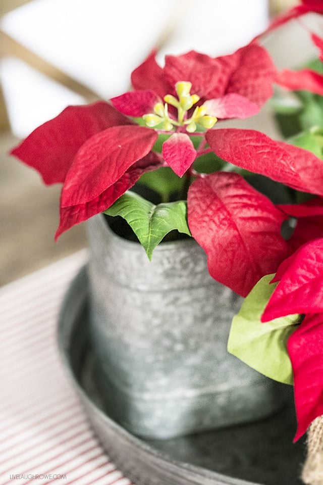 Beautiful vintage inspired Christmas Dining Room decor! The poinsettia arrangement in the galvanized tray is so unique. livelaughrowe.com