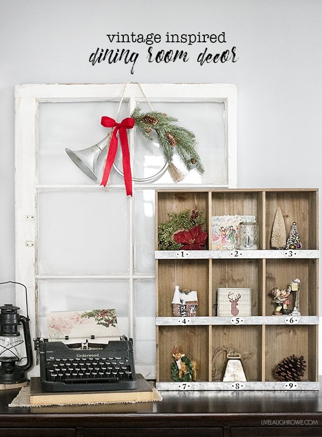 Beautiful vintage inspired Christmas Dining Room decor! That old typewriter, sled and the wreath of vintage Christmas cards are perfect! livelaughrowe.com