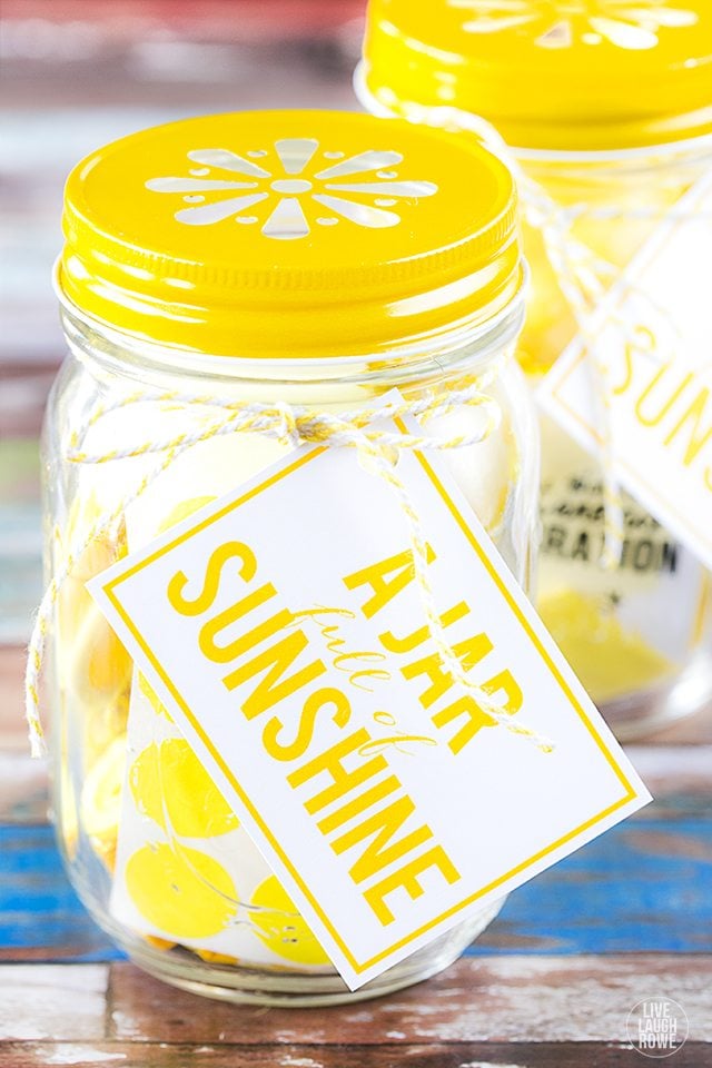 Share this sweet gift in a jar with a friend -- it's sure to make them smile! A Jar Full of Sunshine will spread a little extra love and laughter. livelaughrowe.com