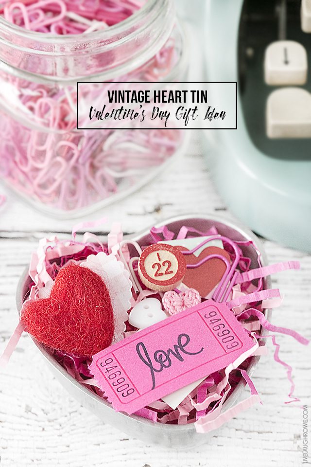 Sweet Vintage Heart Tin used to create a Valentine's Day gift using ephemera and other fun, festive pieces. livelaughrowe.com