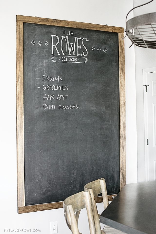 Awesome Oversized Chalkboard! Hanging in a kitchen, use for menu planning, reminders, grocery list and more. livelaughrowe.com