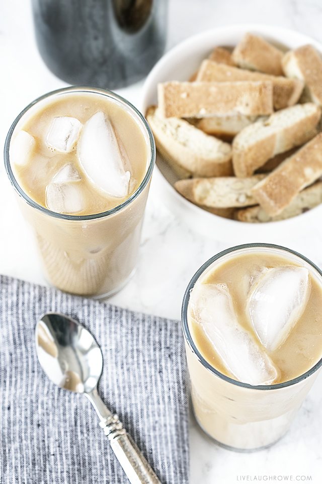 Homemade iced coffee with biscotti