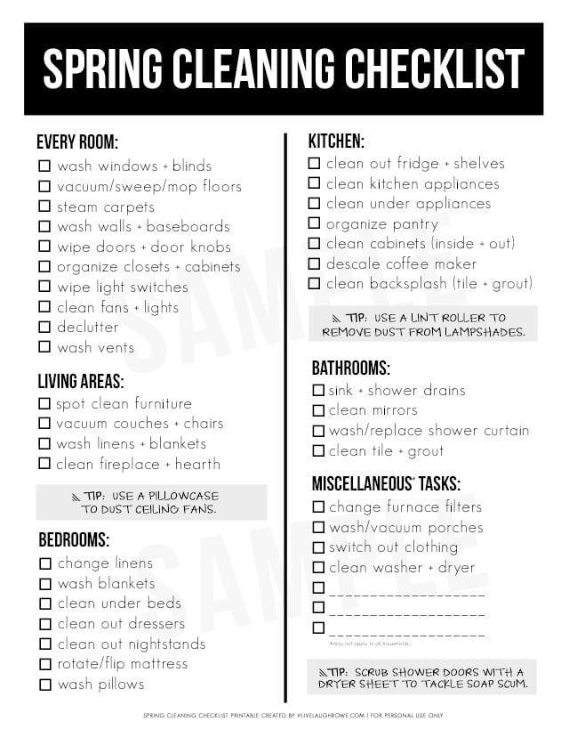 A fantastic resource! A printable Spring Cleaning Checklist that you can use year after year, with some great tips too. livelaughrowe.com