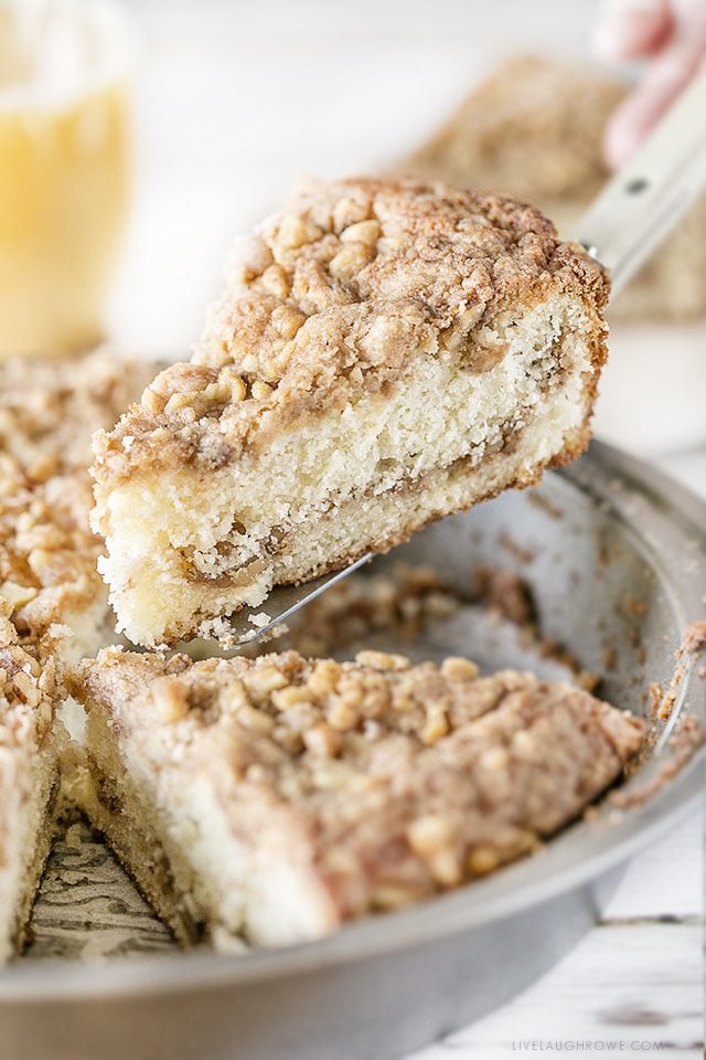 Amazing Sour Cream Crumb Cake that will delight your guests and makes a great surprise dish for the family. Recipe at livelaughrowe.com