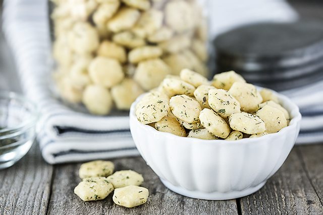 Game Day Recipes. Dilly Oyster Crackers in a bowl for snacking