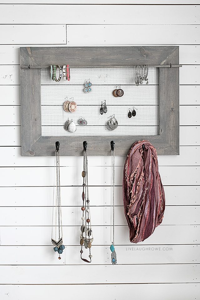DIY Jewelry Organizer with a bit of farmhouse charm. Full tutorial at livelaughrowe.com