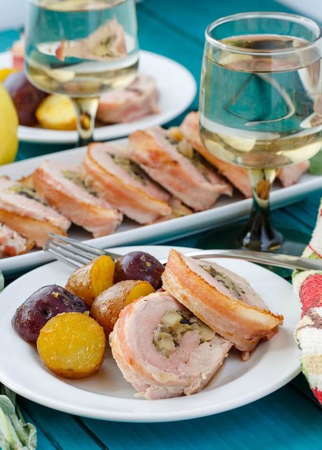 Father's Day BBQ Party Ideas. Bacon Wrapped Apple Stuffed Pork Tenderloin.