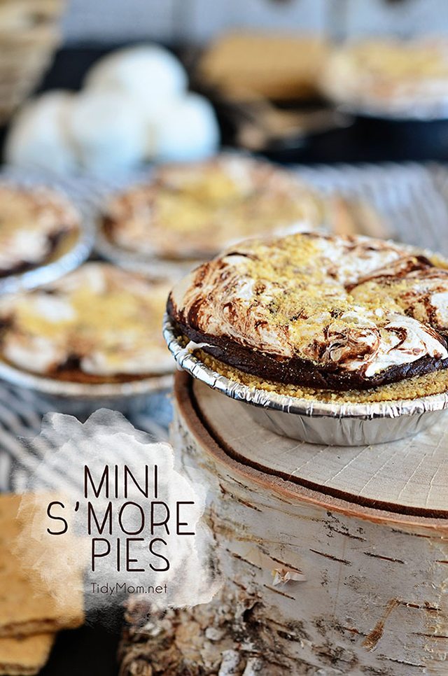 Father's Day BBQ Party Ideas. Mini S’more Pies are the perfect dessert for entertaining. Not only do they require very little work, but they can be made ahead of time. Serve warm, room temperature or chilled. Either way, it’s a chocolate, marshmallow, graham cracker deliciousness presented in the form of a decadent mini pie. Mini S’more Pies recipe at TidyMom.net
