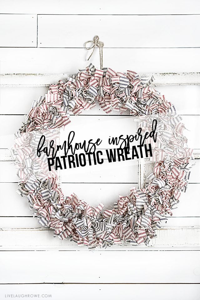 Farmhouse Inspired Patriotic Wreath made using ticking fabric in navy and red. Love it! livelaughrowe.com