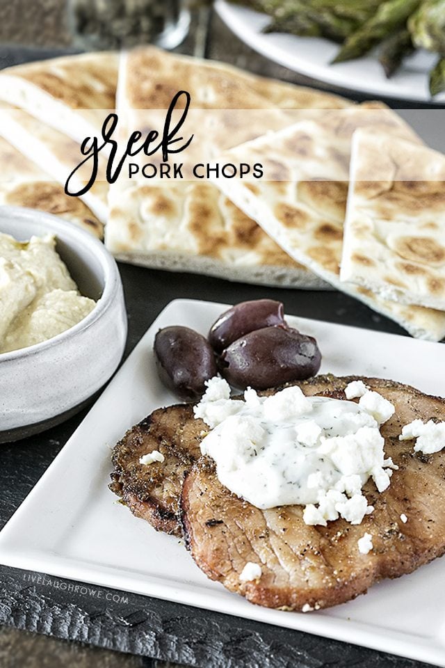 These greek pork chops are packed with flavor and are easy enough for a last-minute dinner! Serve with your favorite greek toppings and greek pita bread. livelaughrowe.com