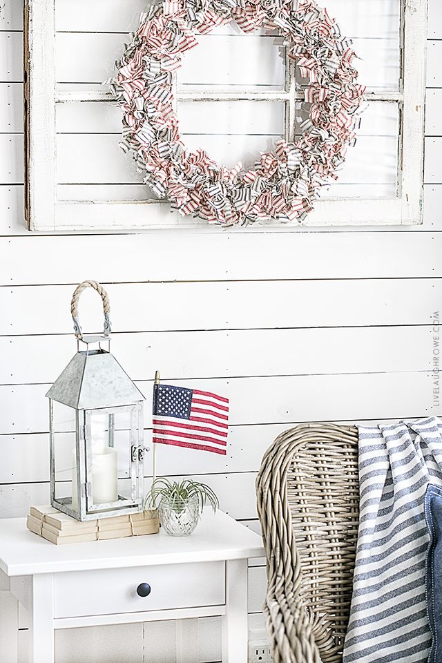 Farmhouse Inspired Patriotic Wreath made using ticking fabric in navy and red. Love it! livelaughrowe.com