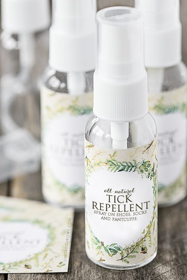 Great all natural recipe to keep on hand for Homemade Tick Repellent using essential oils. Recipe and printable labels at livelaughrowe.com