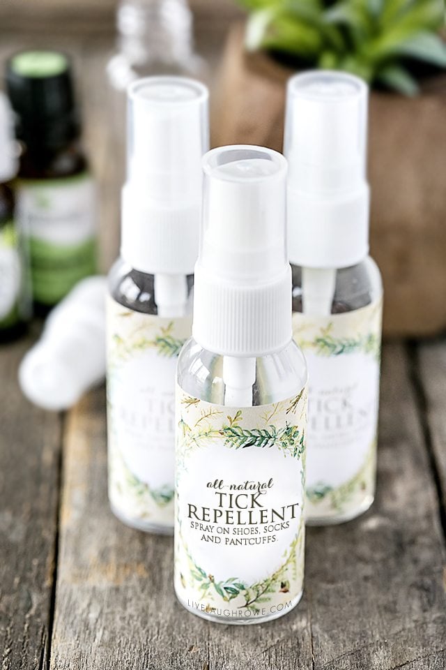 Great all natural recipe to keep on hand for Homemade Tick Repellent using essential oils. Recipe and printable labels at livelaughrowe.com