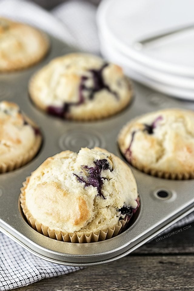 Delicious Blueberry Muffins that aren't too sweet -- a perfect treat to pair with a cup of coffee or tea. livelaughrowe.com