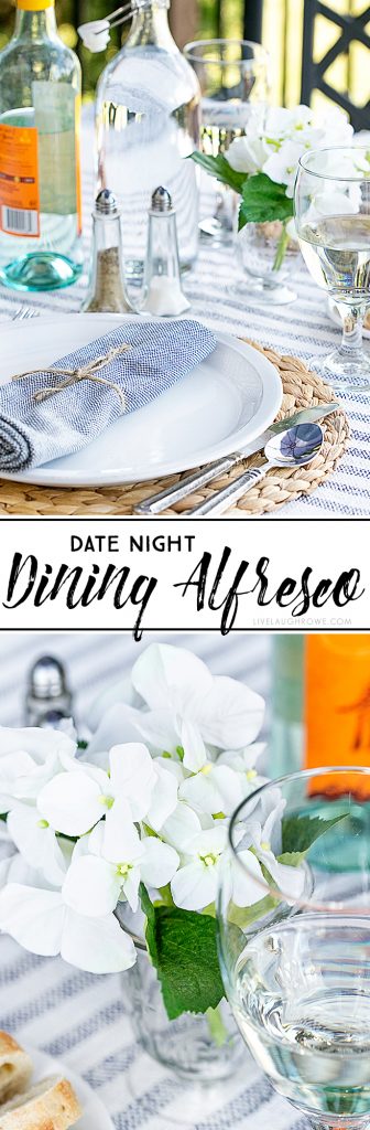 Enjoy a date night dining alfresco in your own backyard. This lifestyle blogger created a simple table setting to enjoy a delicious meal outdoors with her husband. More details at livelaughrowe.com