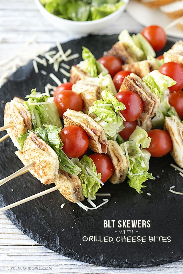 Amazing BLT Skewers with Grilled Cheese Bites. Flavorful, colorful and delicious is a winning combination. Recipe at livelaughrowe.com