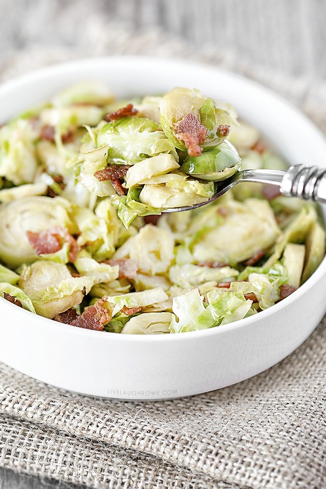 A dish with rustic flavors, these Bacon Brussels Sprouts won't disappoint. Recipe at livelaughrowe.com