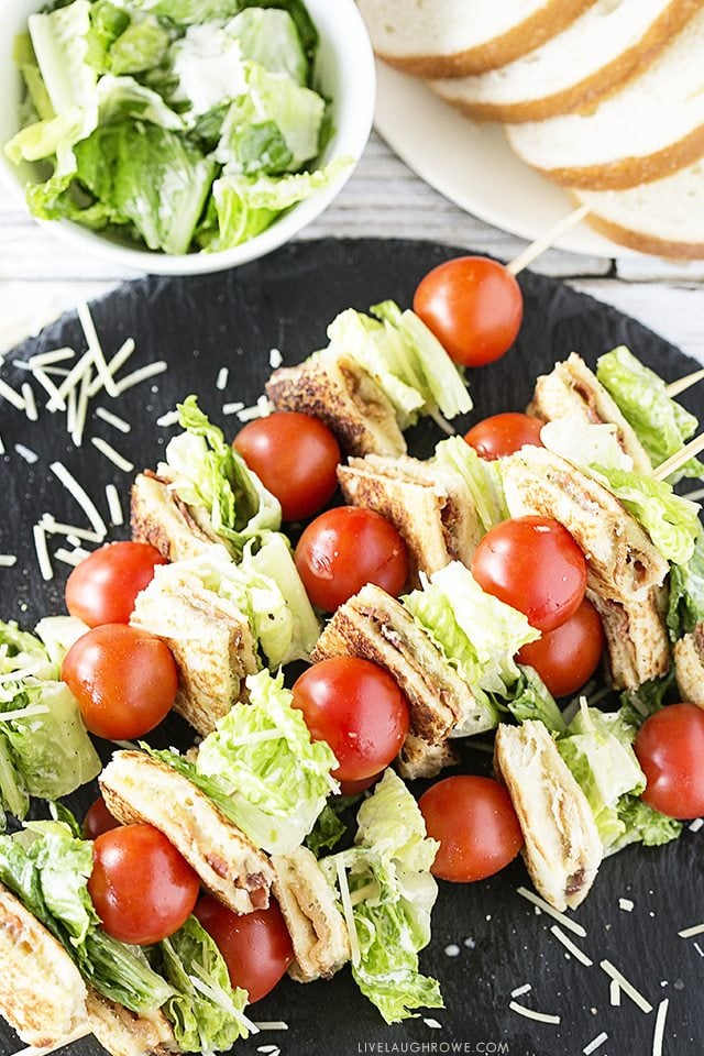 Amazing BLT Skewers with Grilled Cheese Bites. Flavorful, colorful and delicious is a winning combination. Recipe at livelaughrowe.com