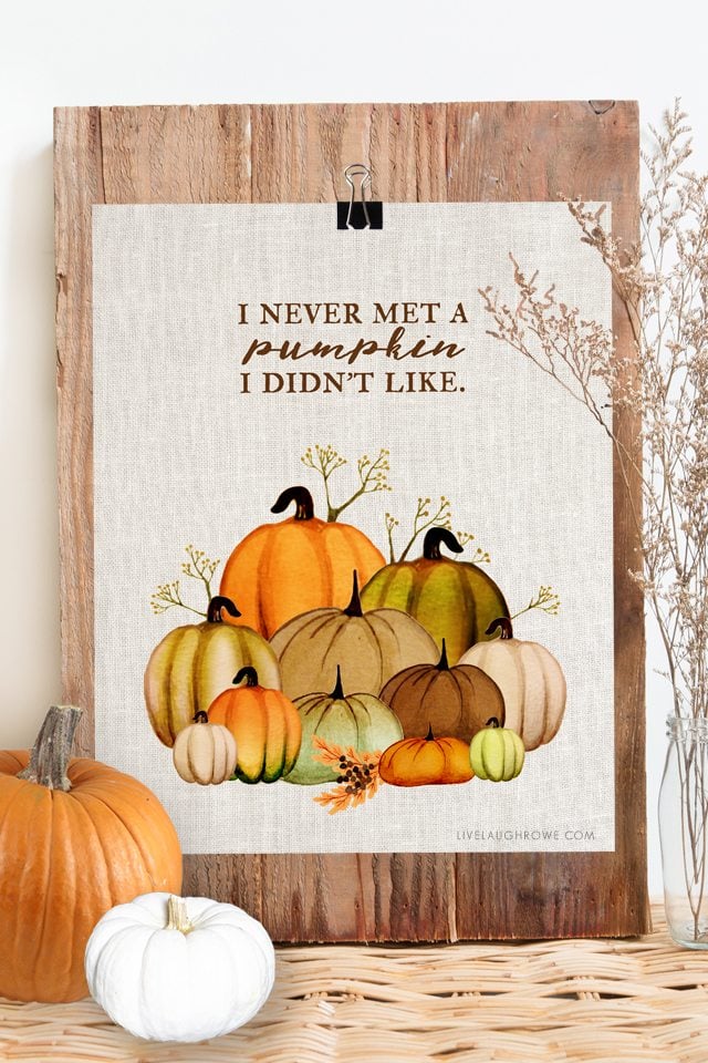 Ahhh. I love fall and this free fall printable is beautiful! "I never met a pumpkin I didn't like." Available at livelaughrowe.com