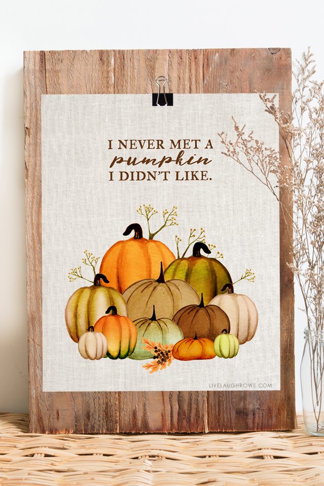 Ahhh. I love fall and this free fall printable is beautiful! "I never met a pumpkin I didn't like." Available at livelaughrowe.com