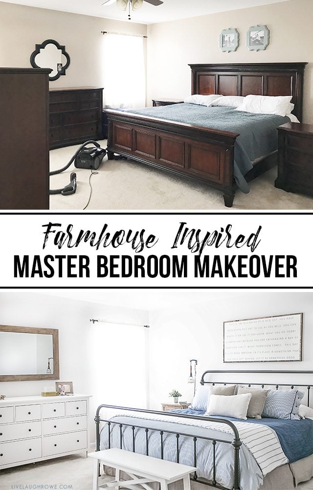 Farmhouse Inspired Master Bedroom Makeover. Perfectly light, bright and so many beautiful pieces. See all the details at livelaughrowe.com