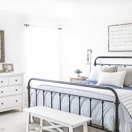 Farmhouse Inspired Master Bedroom Makeover. Perfectly light, bright and so many beautiful pieces. See all the details at livelaughrowe.com