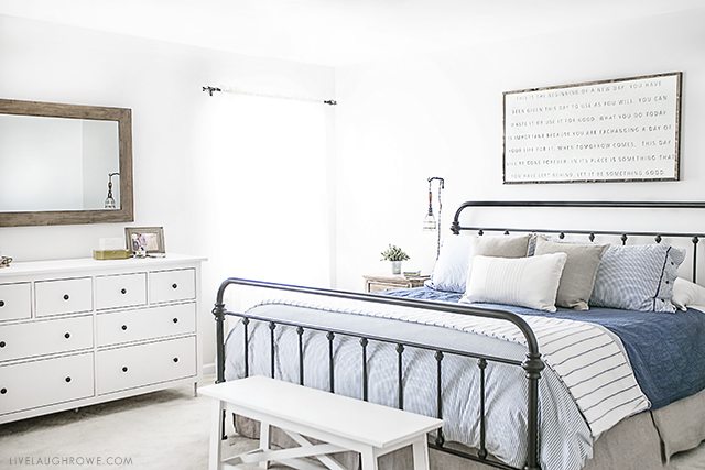 Farmhouse Inspired Master Bedroom Makeover. Perfectly light, bright and so many beautiful pieces. See all the details at livelaughrowe.com