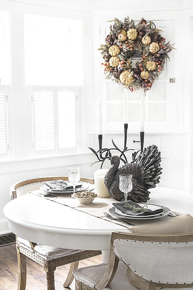 Simple, yet beautiful Thanksgiving Tablescape for two. This effortlessly inviting space is brought to you by Kelly of Live Laugh Rowe and Balsam Hill. Read more at livelaughrowe.com