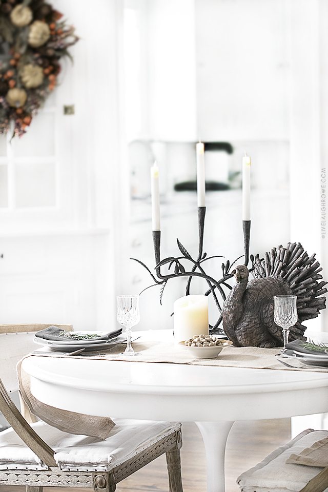 Simple, yet beautiful Thanksgiving Tablescape for two. This effortlessly inviting space is brought to you by Kelly of Live Laugh Rowe and Balsam Hill. Read more at livelaughrowe.com