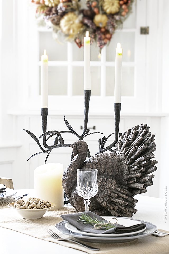 Simple, yet beautiful Thanksgiving Tablescape for two. This effortlessly inviting space is brought to you by Kelly of Live Laugh Rowe and Balsam Hill. Read more at livelaughrowe.com