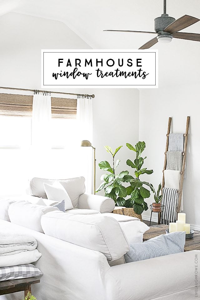 Beautiful neutral window treatments with farmhouse flare! From Levolor Natural shades to linen curtains, the space is bright and inviting. Learn more at livelaughrowe.com