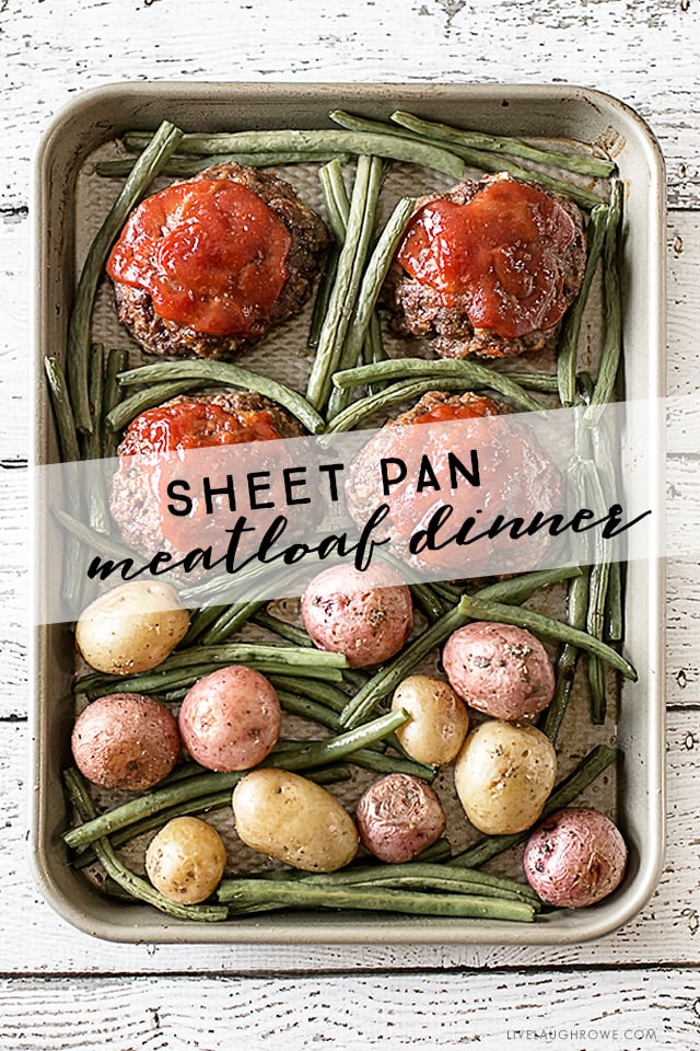 Sheet Pan Recipe for a Mini Meatloaf Dinner that includes baby potatoes and fresh green beans! This recipe is sure to be a crowd pleaser -- add to your weekly meal plan today! livelaughrowe.com
