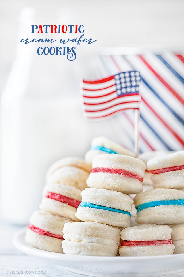 Meet your new favorite cookie! This Cream Wafer Cookie Recipe is packed with sweet, buttery crunchy goodness. Make the frosting with different colors for holidays and special events... like these red, white and blue Cream Wafer Cookies for July 4th. Recipe at livelaughrowe.com