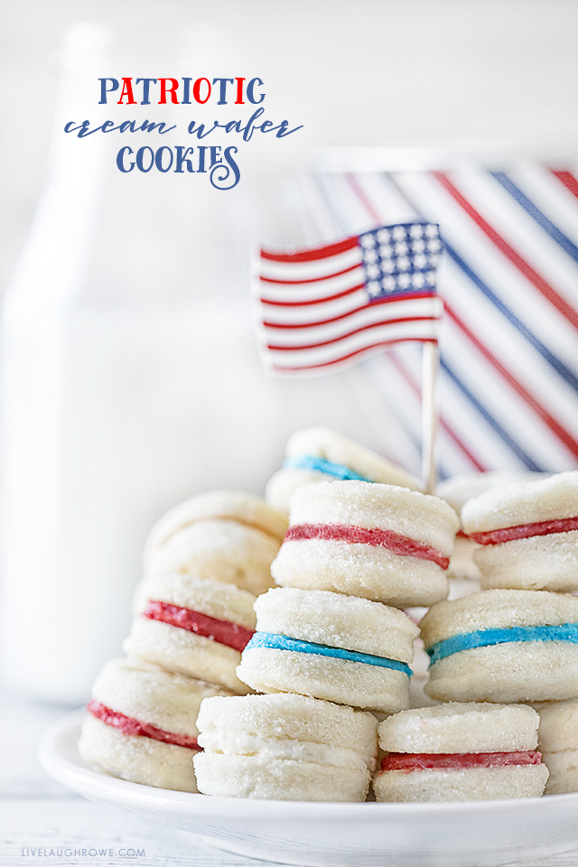 Meet your new favorite cookie! This Cream Wafer Cookie Recipe is packed with sweet, buttery crunchy goodness. Make the frosting with different colors for holidays and special events... like these red, white and blue Cream Wafer Cookies for July 4th. Recipe at livelaughrowe.com