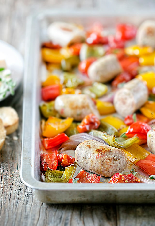 This roasted dish of Chicken Sausage and Peppers is packed with fresh flavors and vibrant colors. Fill your plate up with this healthy sheet pan dinner that's easy and nutritious. Recipe at livelaughrowe.com