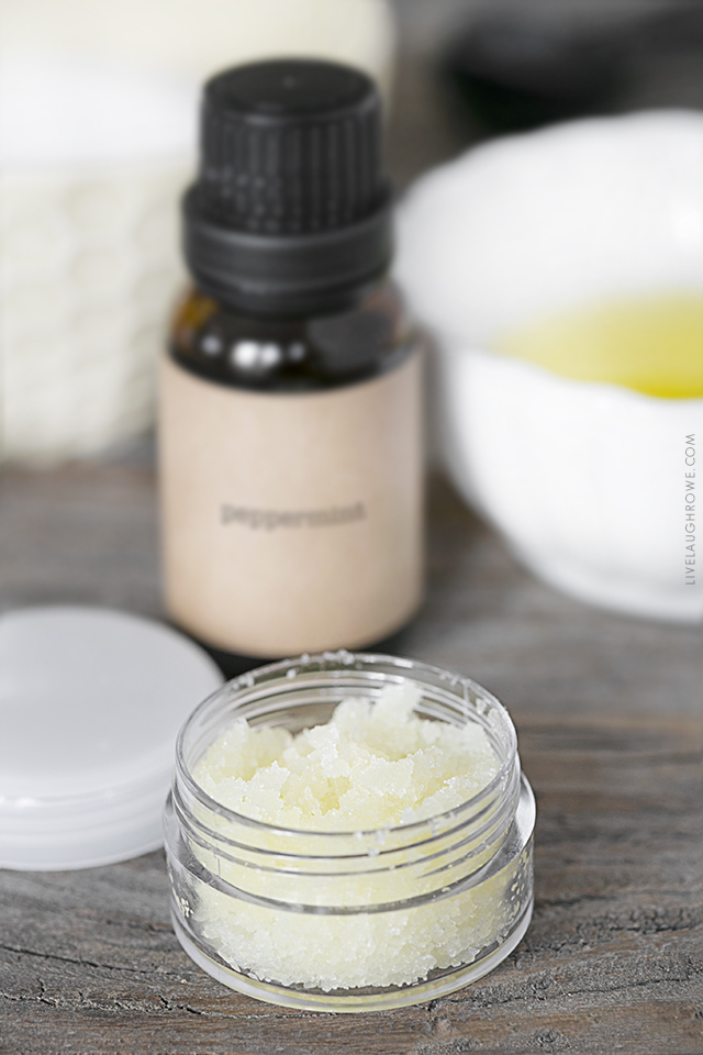 A simple hydrating and healing Homemade Lip Scrub Recipe -- and add an essential oil of choice too! Simple three ingredient recipe at livelaughrowe.com